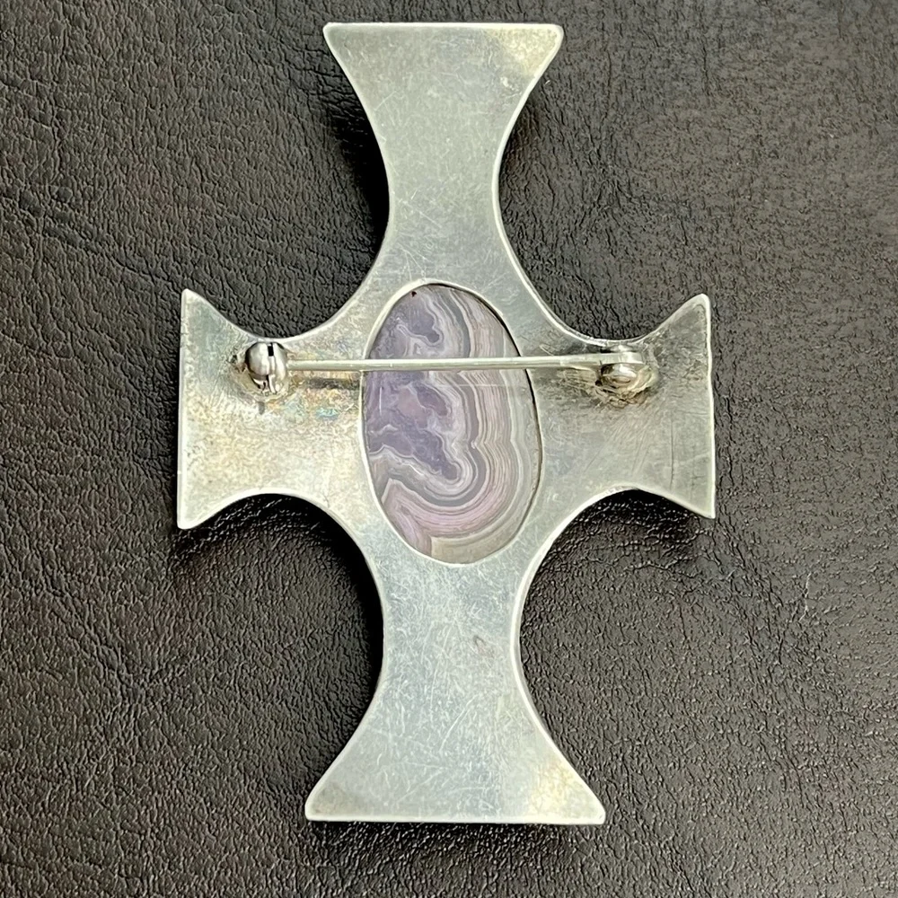 Large vintage sterling silver cross brooch pin with lace agate stone